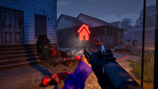 A first-person weapon view in a residential yard with a glowing objective marker.