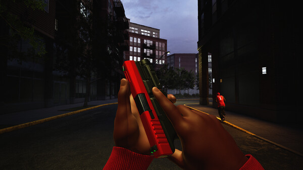 A first-person sidearm view between urban buildings.