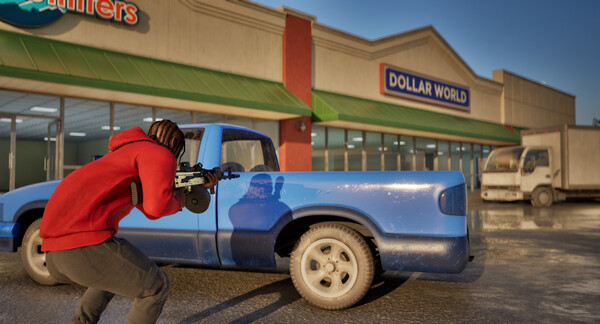 A character crouching beside a blue pickup truck outside storefronts.