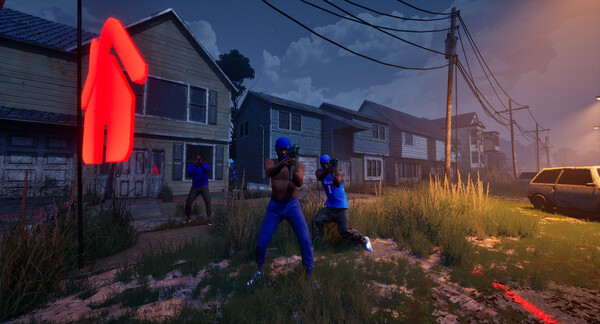 Characters in blue in a residential yard beside a glowing objective marker.