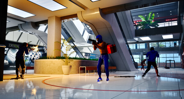 Characters exchanging fire inside a bright shopping mall atrium.