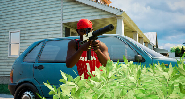 A character holding a weapon with a visible suppressor near a house and a parked vehicle.
