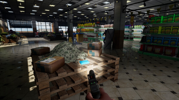 A first-person view across shelves and boxes inside a retail store.