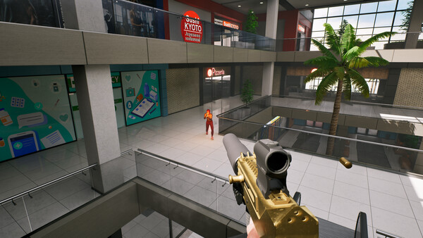 A first-person weapon view looking down from an upper mall level.