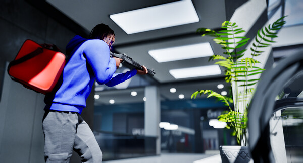 A character in blue carrying a red bag inside a shopping mall.